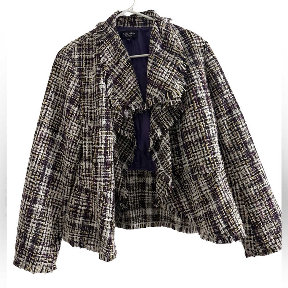 Vintage Katherine NY Fringe Tweed Blazer Purple Gold XL $149 Y2K Career NWT